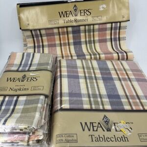 Vtg B&D‎ Weavers Tablecloth 2 Table Runners 8 Napkins Set Plaid Kmart NWT